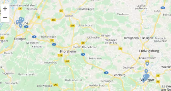 Auszug aus der Karte Baden-Württembergs mit Kennzeichnung der Bauhaus-Bauten