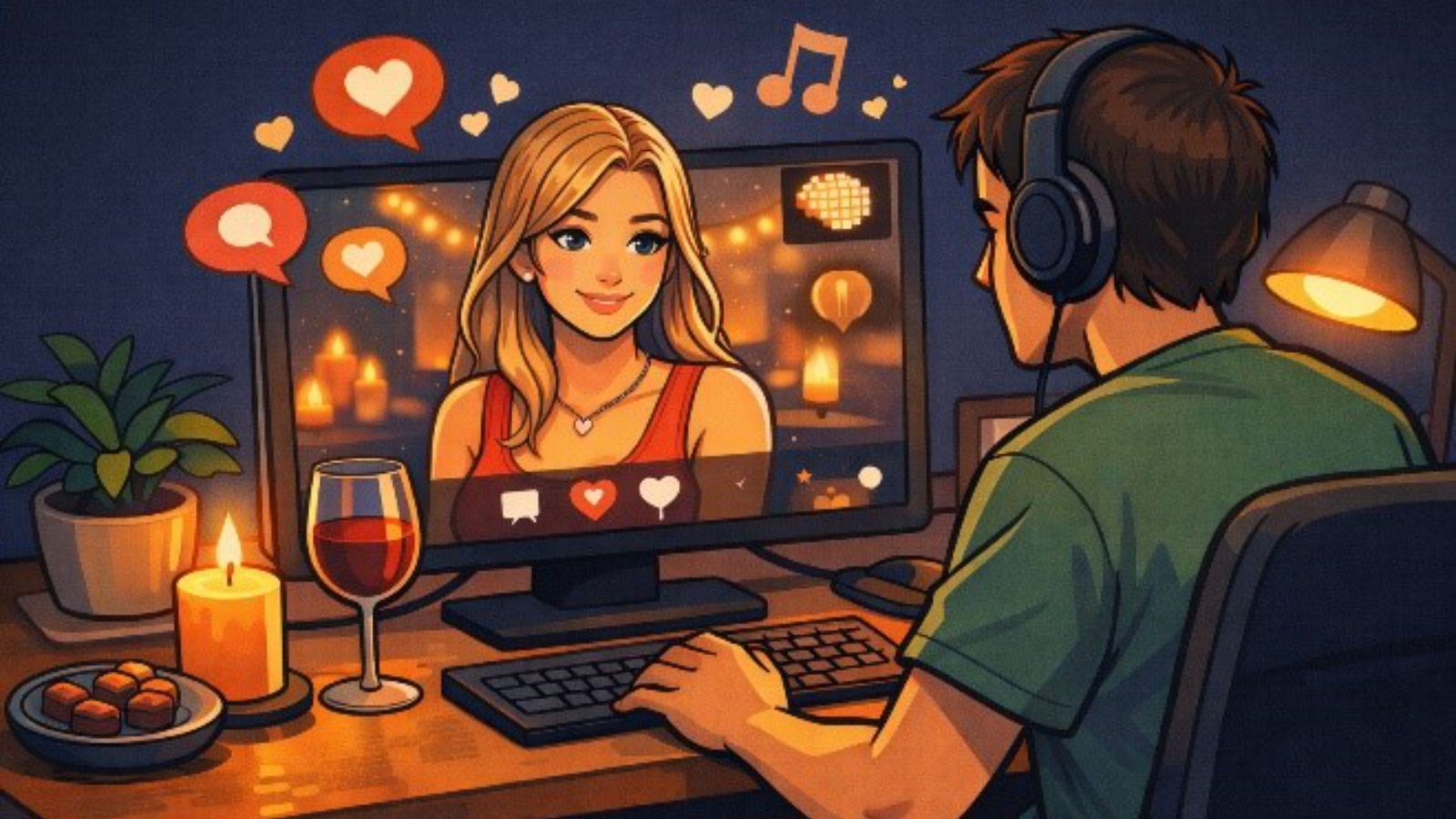Zeichnung: Junger Mann flirtet digital mit einer Frau über seinen PC.
