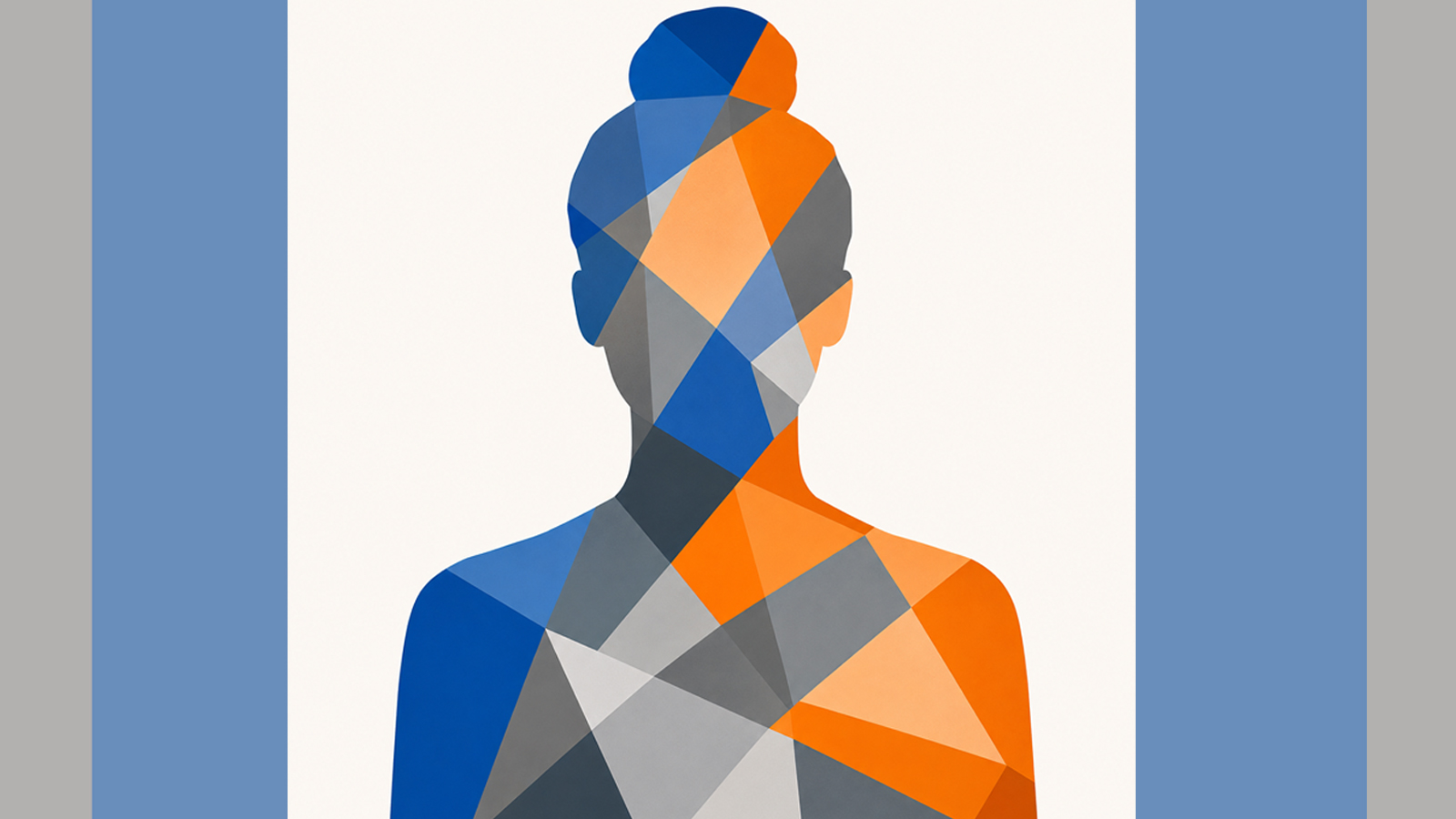 Symbolbild: Personensilhouette, aus viele polygonale Flächen in Blau, Grau und Orange. / Quelle: Grafik: LpB, KI-generiert (Chat GPT) Symbolbild: Personensilhouette, aus viele polygonale Flächen in Blau, Grau und Orange.